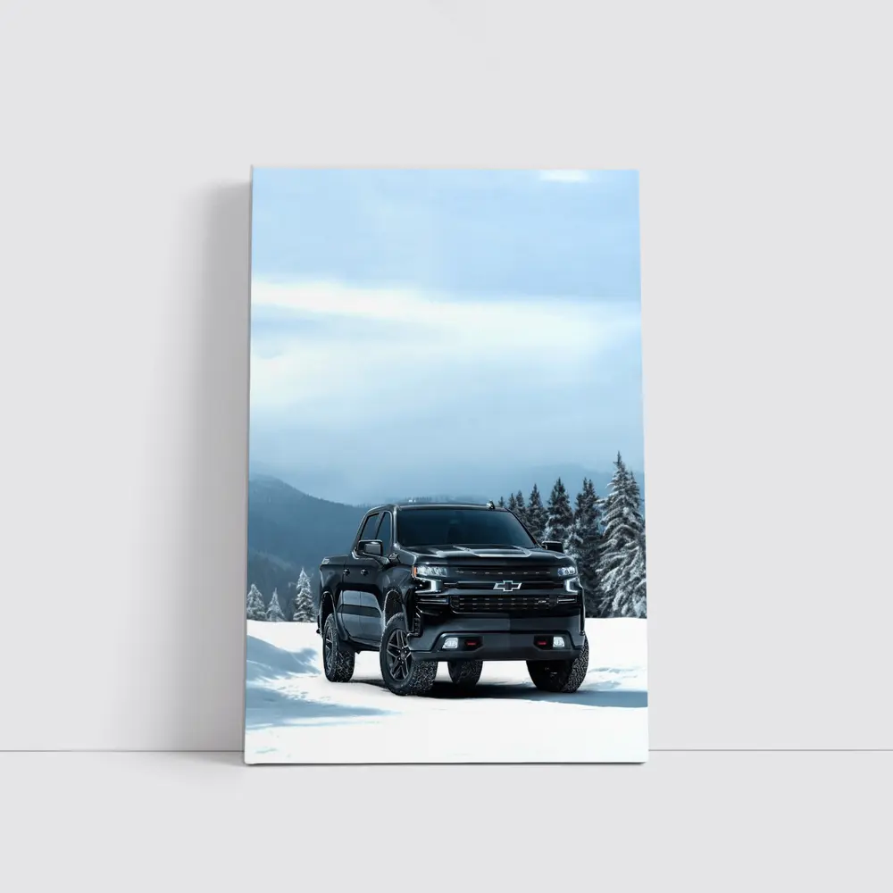 Chevrolet Silverado Black Truck Snowy Mountains – Wall Art
