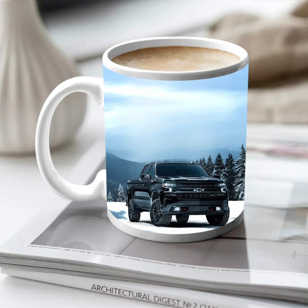 Chevrolet Silverado Black Truck Snowy Mountains – Mugs