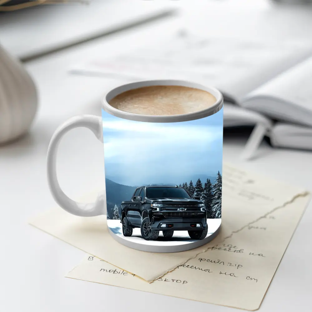 Chevrolet Silverado Black Truck Snowy Mountains – Mugs