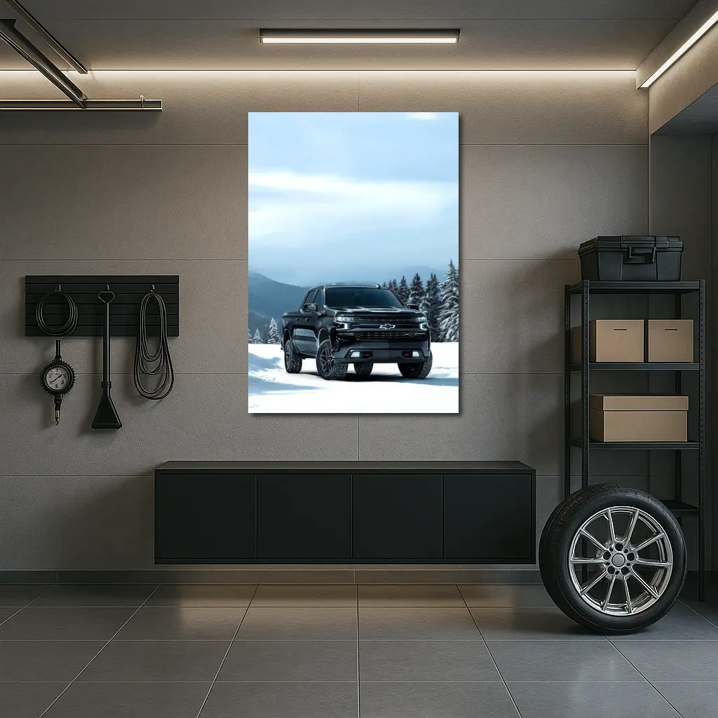 Chevrolet Silverado Black Truck Snowy Mountains – Wall Art