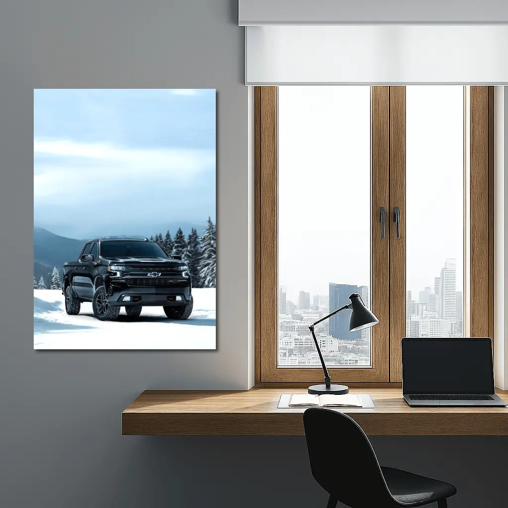 Chevrolet Silverado Black Truck Snowy Mountains – Wall Art