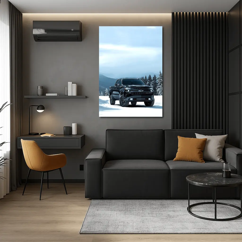 Chevrolet Silverado Black Truck Snowy Mountains – Wall Art