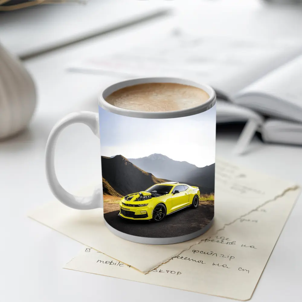 Chevrolet Camaro Yellow Muscle Car Mountain Backdrop – Mugs