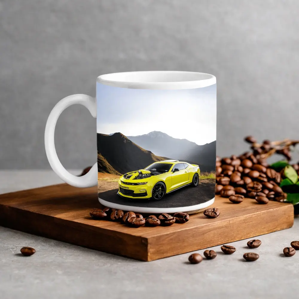 Chevrolet Camaro Yellow Muscle Car Mountain Backdrop – Mugs