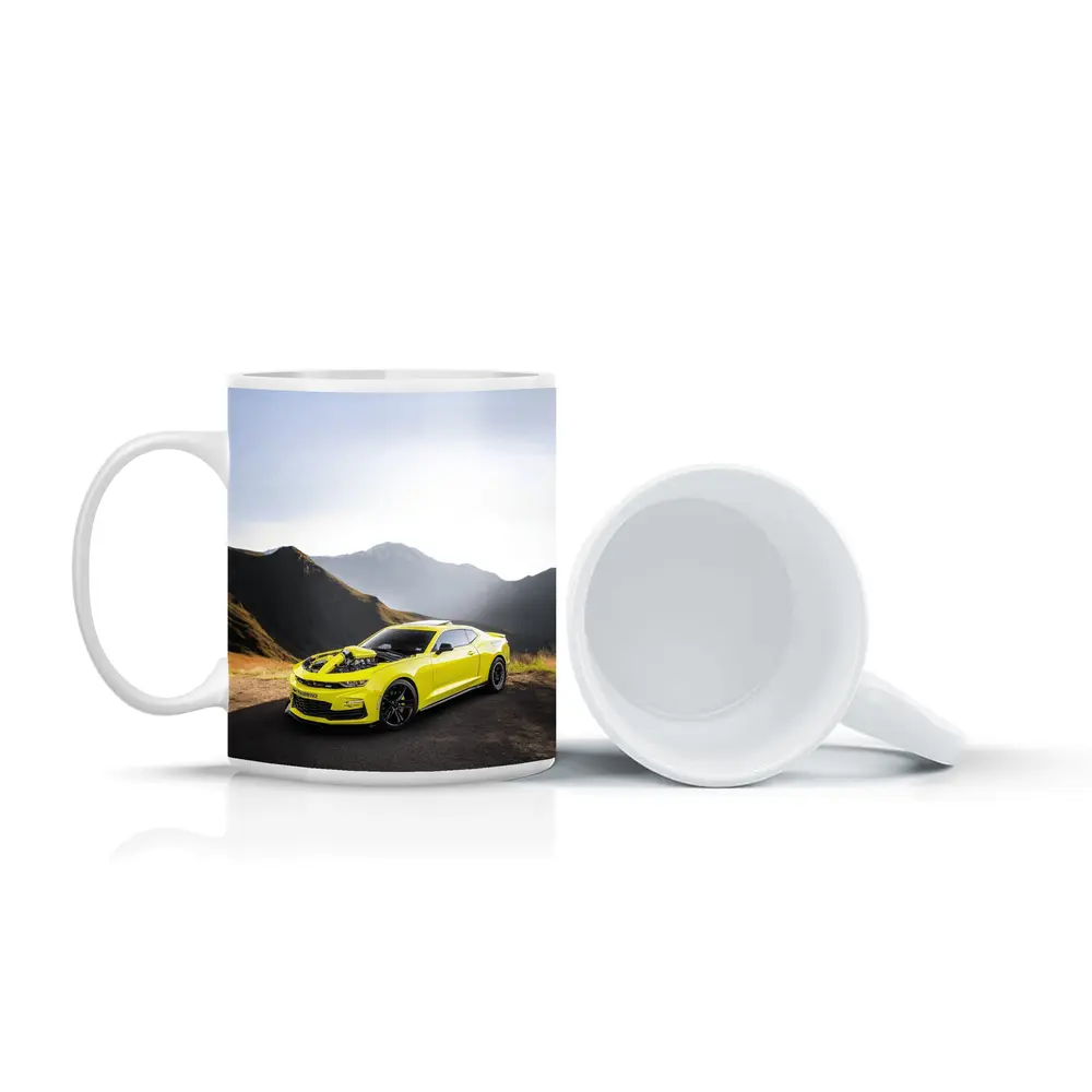 Chevrolet Camaro Yellow Muscle Car Mountain Backdrop – Mugs