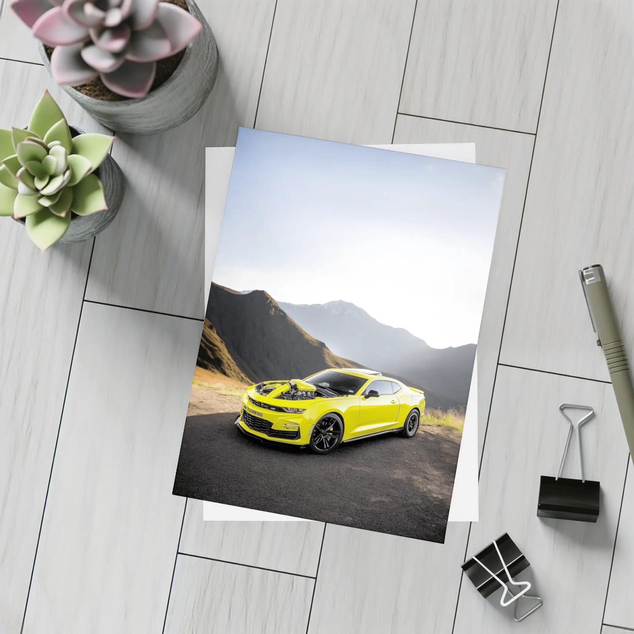 Chevrolet Camaro Yellow Muscle Car Mountain Backdrop – Postcards