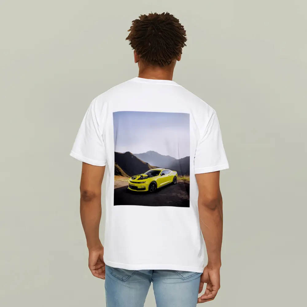 Chevrolet Camaro Yellow Muscle Car Mountain Backdrop – T-Shirts