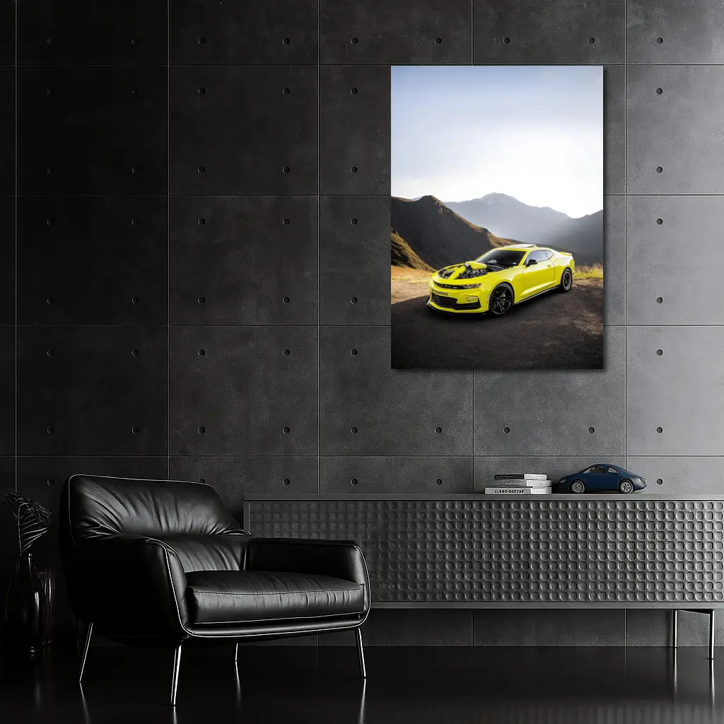 Chevrolet Camaro Yellow Muscle Car Mountain Backdrop – Wall Art