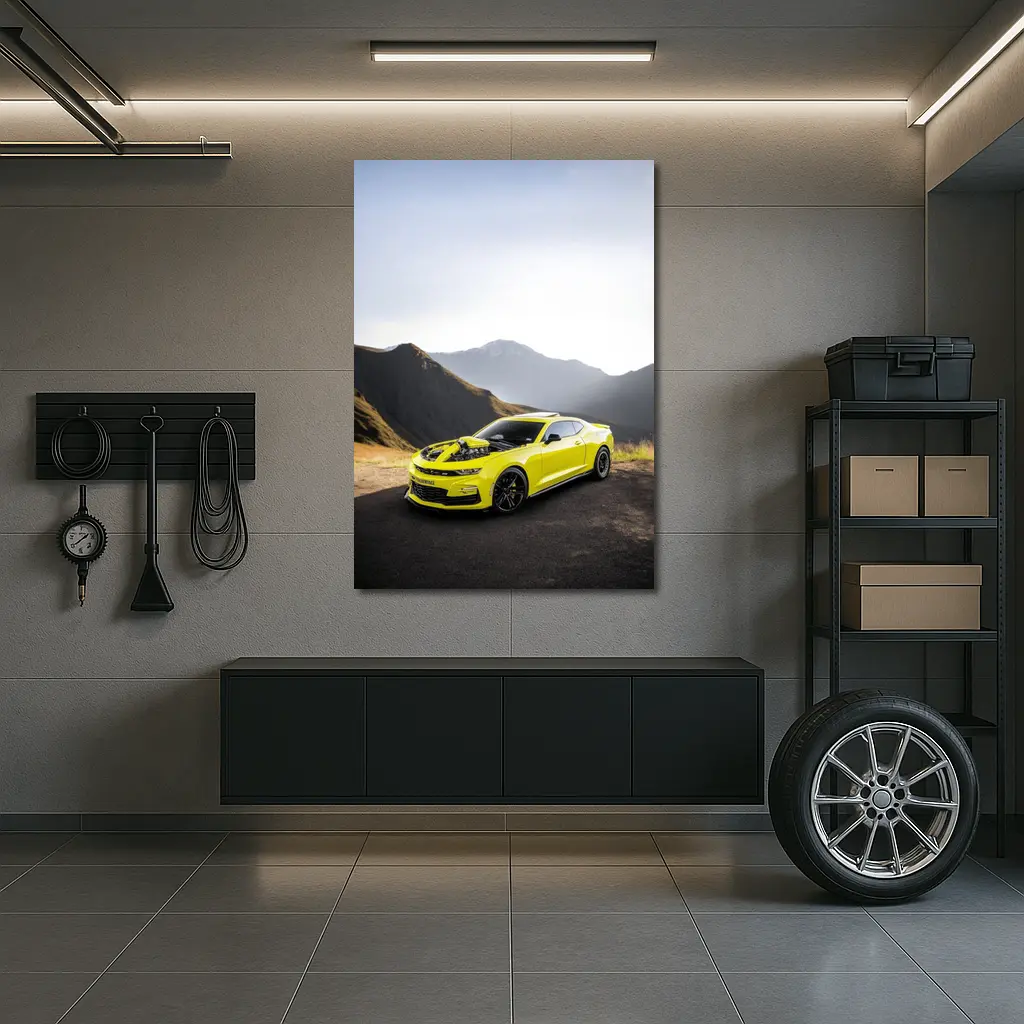 Chevrolet Camaro Yellow Muscle Car Mountain Backdrop – Wall Art