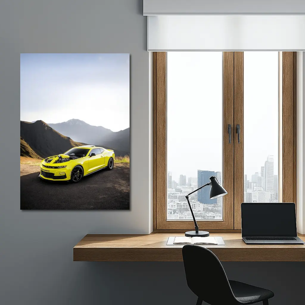 Chevrolet Camaro Yellow Muscle Car Mountain Backdrop – Wall Art