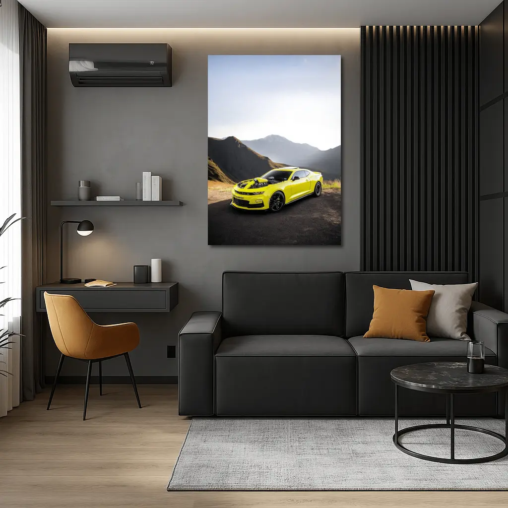 Chevrolet Camaro Yellow Muscle Car Mountain Backdrop – Wall Art