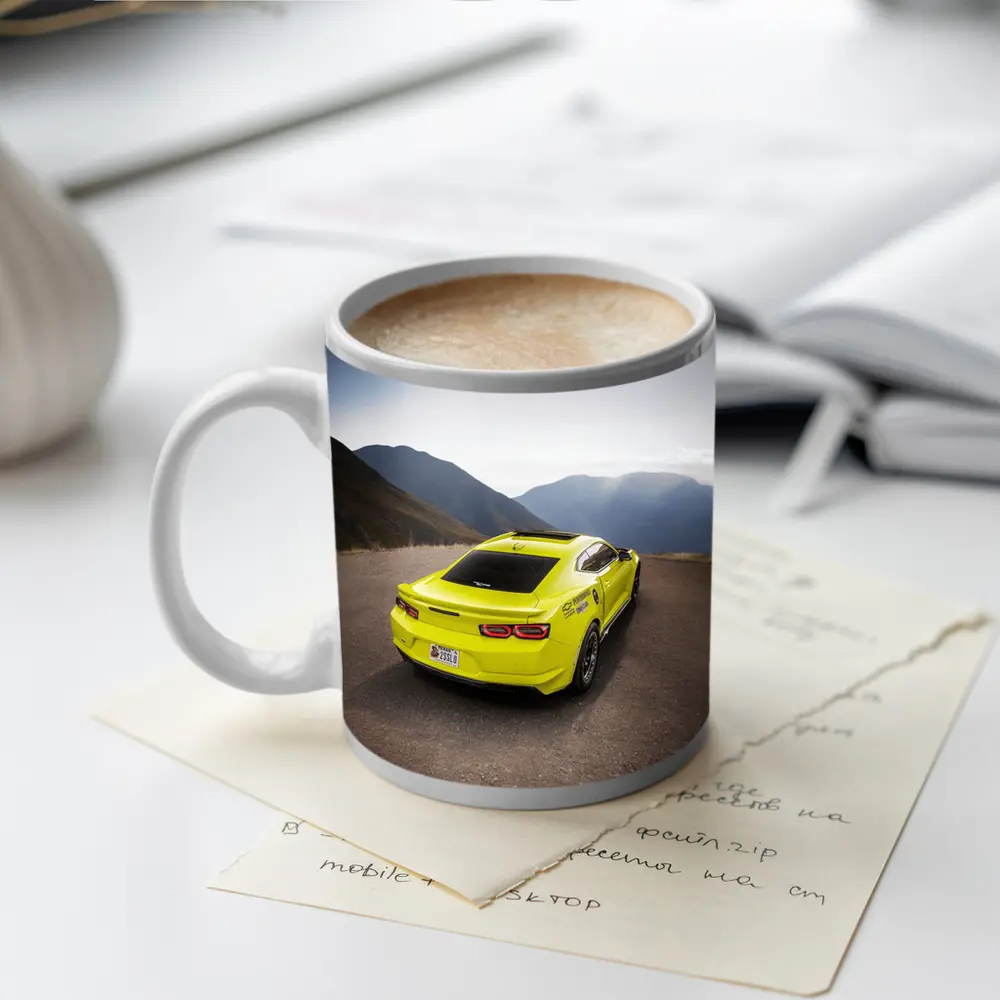 Yellow Chevrolet Camaro Mountain Road Rear View – Mugs