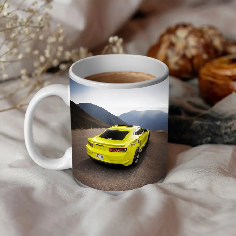 Yellow Chevrolet Camaro Mountain Road Rear View – Mugs