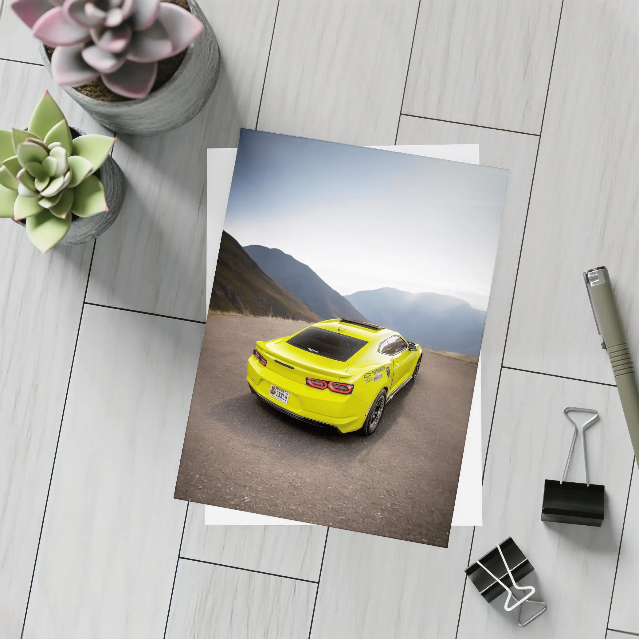 Yellow Chevrolet Camaro Mountain Road Rear View – Postcards
