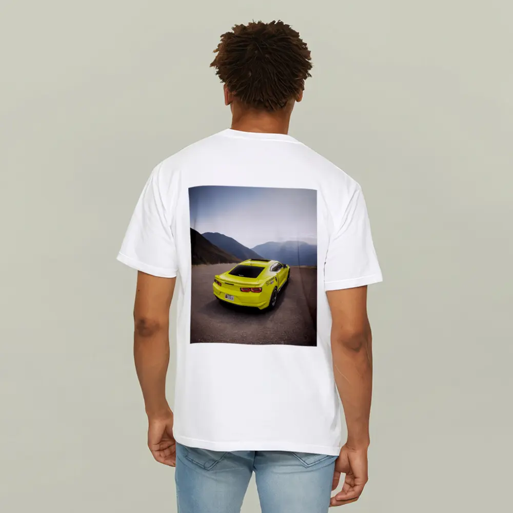 Yellow Chevrolet Camaro Mountain Road Rear View – T-Shirts