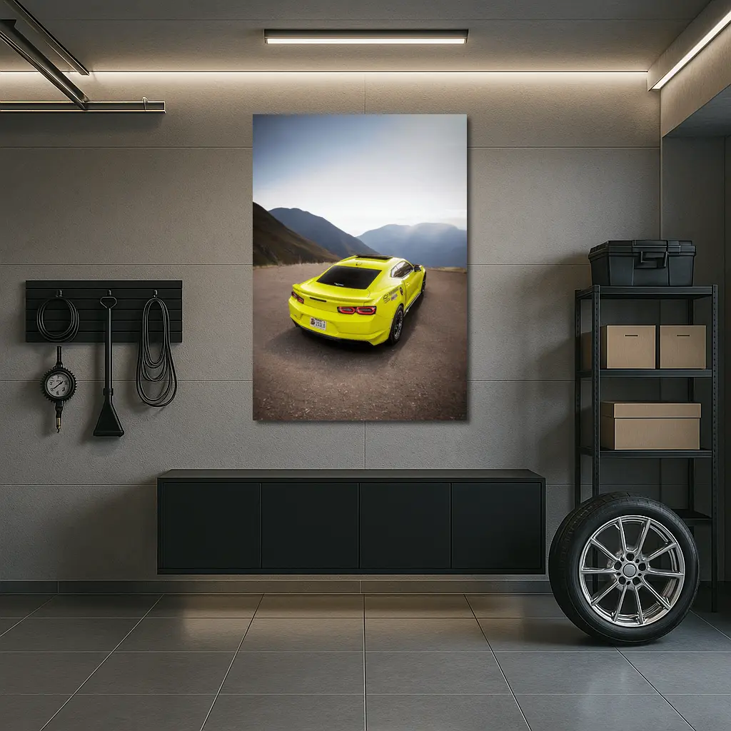 Yellow Chevrolet Camaro Mountain Road Rear View – Wall Art