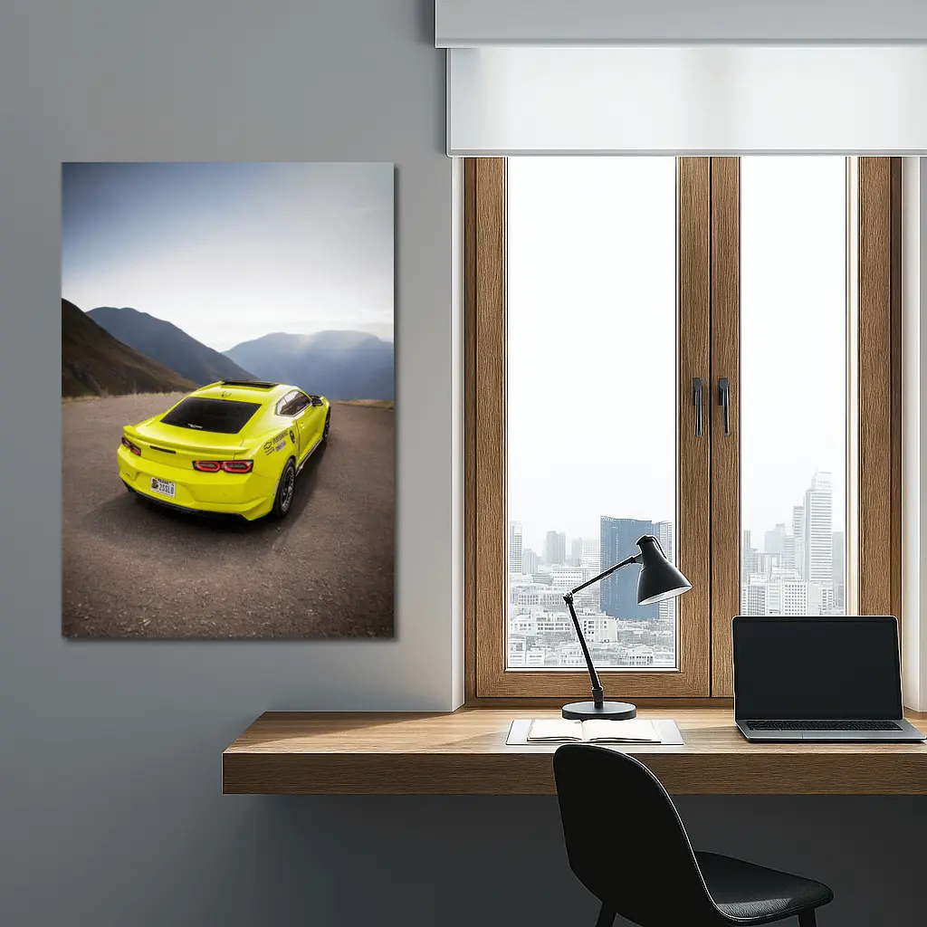 Yellow Chevrolet Camaro Mountain Road Rear View – Wall Art