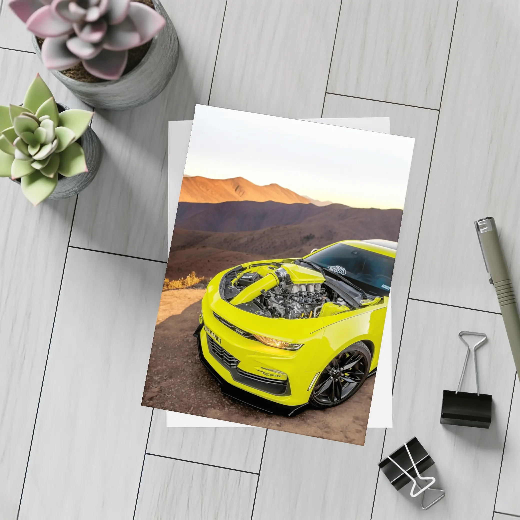 Chevrolet Camaro Yellow Engine Mountain Desert – Postcards
