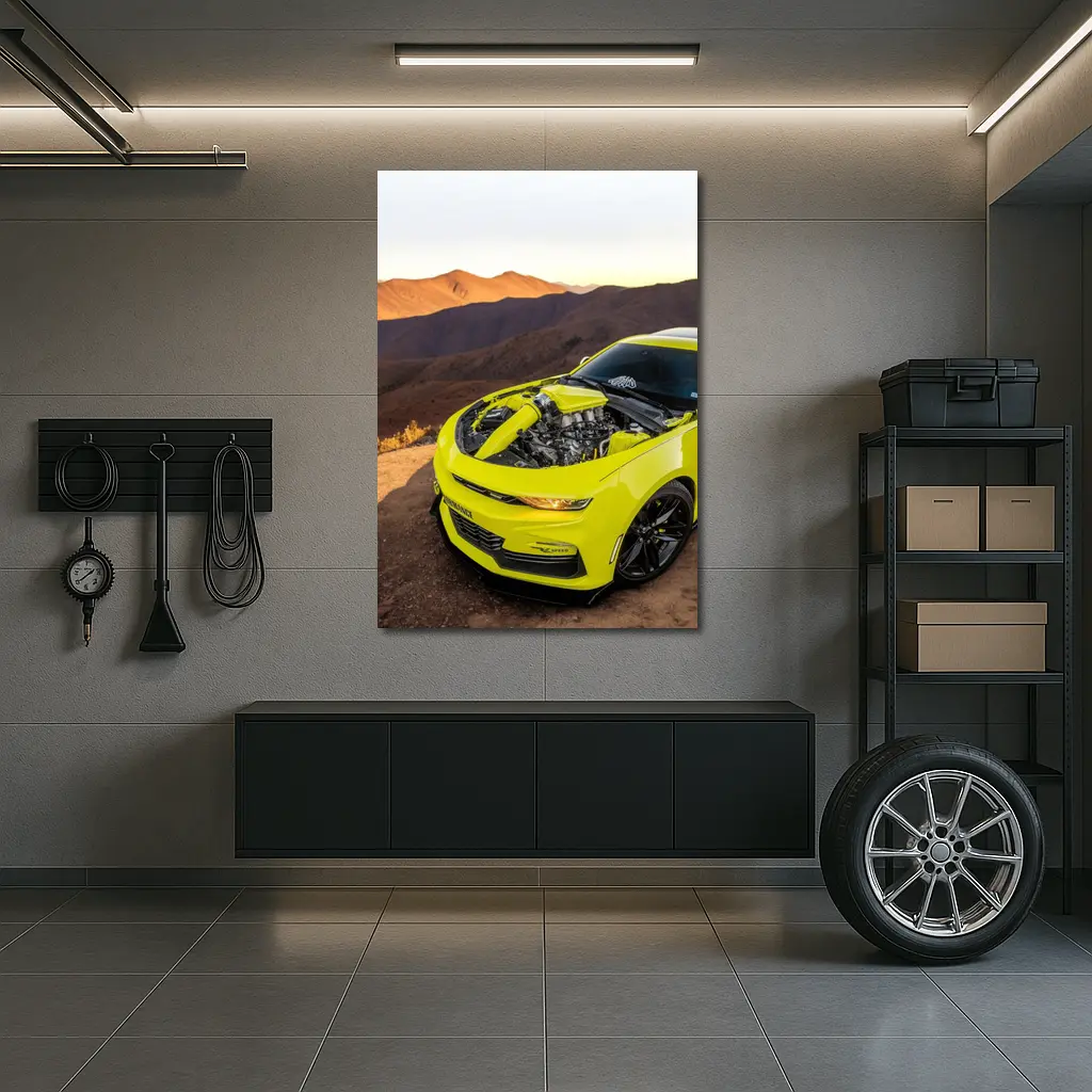 Chevrolet Camaro Yellow Engine Mountain Desert – Wall Art