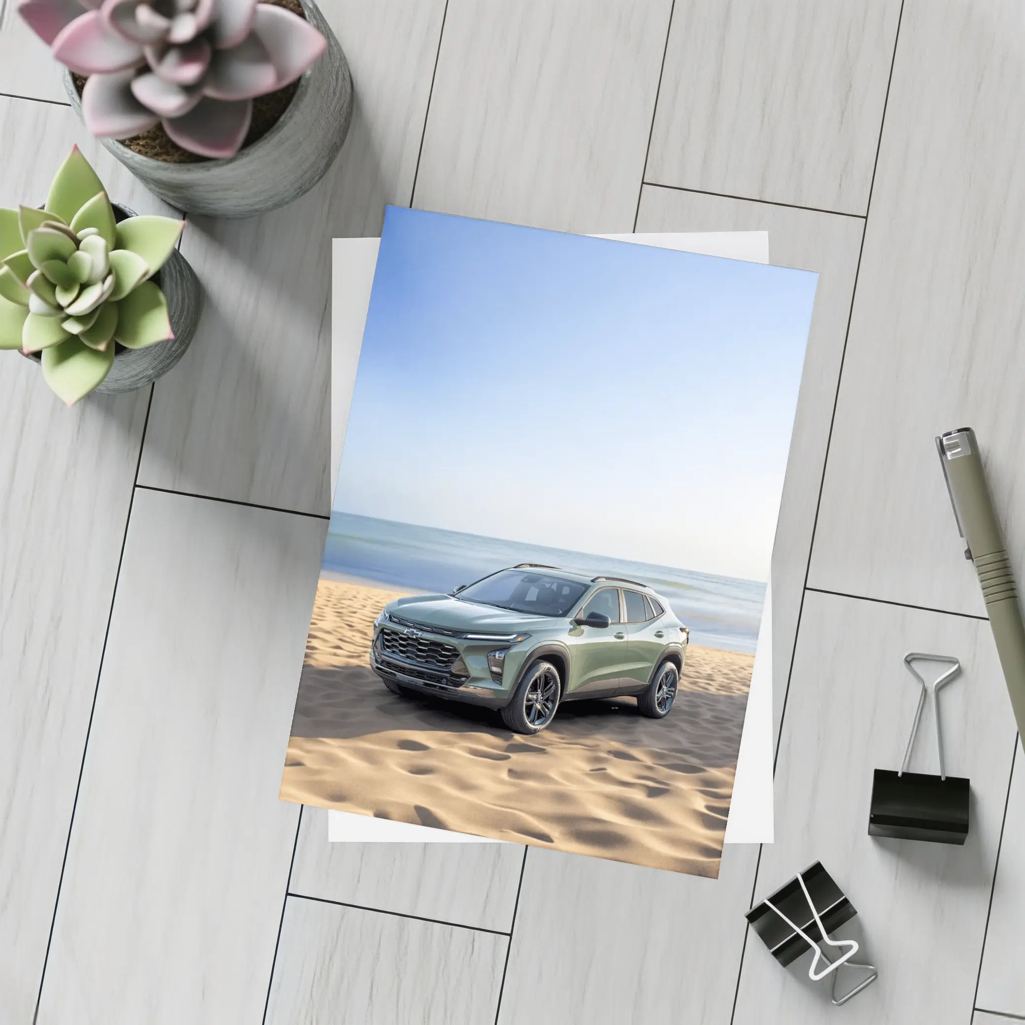 Chevrolet Trax Green SUV Beach Setting – Postcards