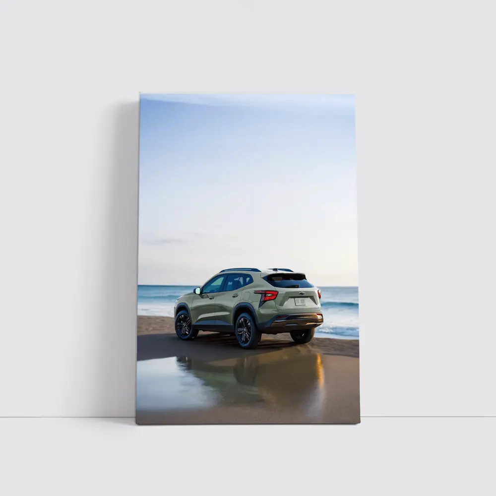 Green Chevrolet Trax 2024 SUV Rear View on Sandy Beach – Wall Art