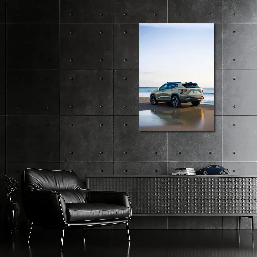 Green Chevrolet Trax 2024 SUV Rear View on Sandy Beach – Wall Art