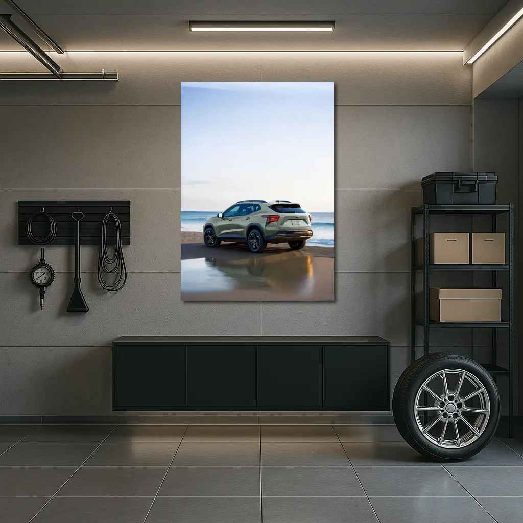 Green Chevrolet Trax 2024 SUV Rear View on Sandy Beach – Wall Art