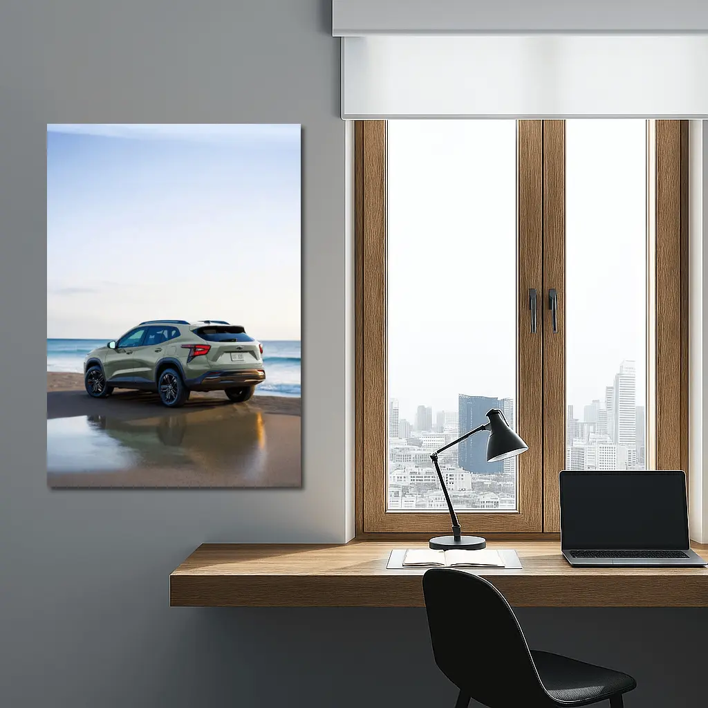 Green Chevrolet Trax 2024 SUV Rear View on Sandy Beach – Wall Art