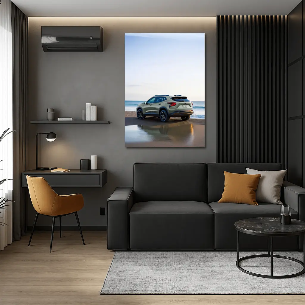 Green Chevrolet Trax 2024 SUV Rear View on Sandy Beach – Wall Art