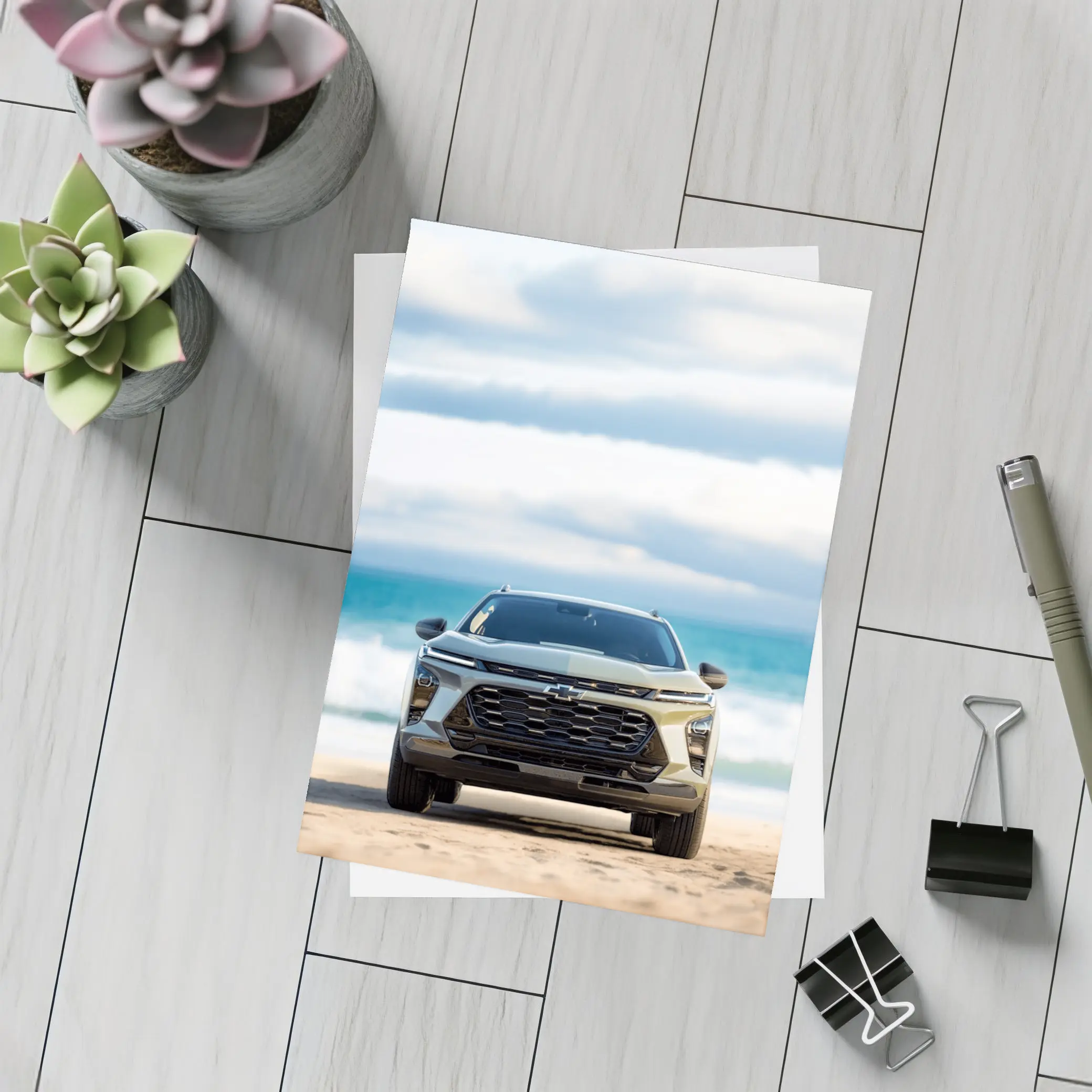 Chevrolet Trax SUV Parked on Sandy Beach – Postcards