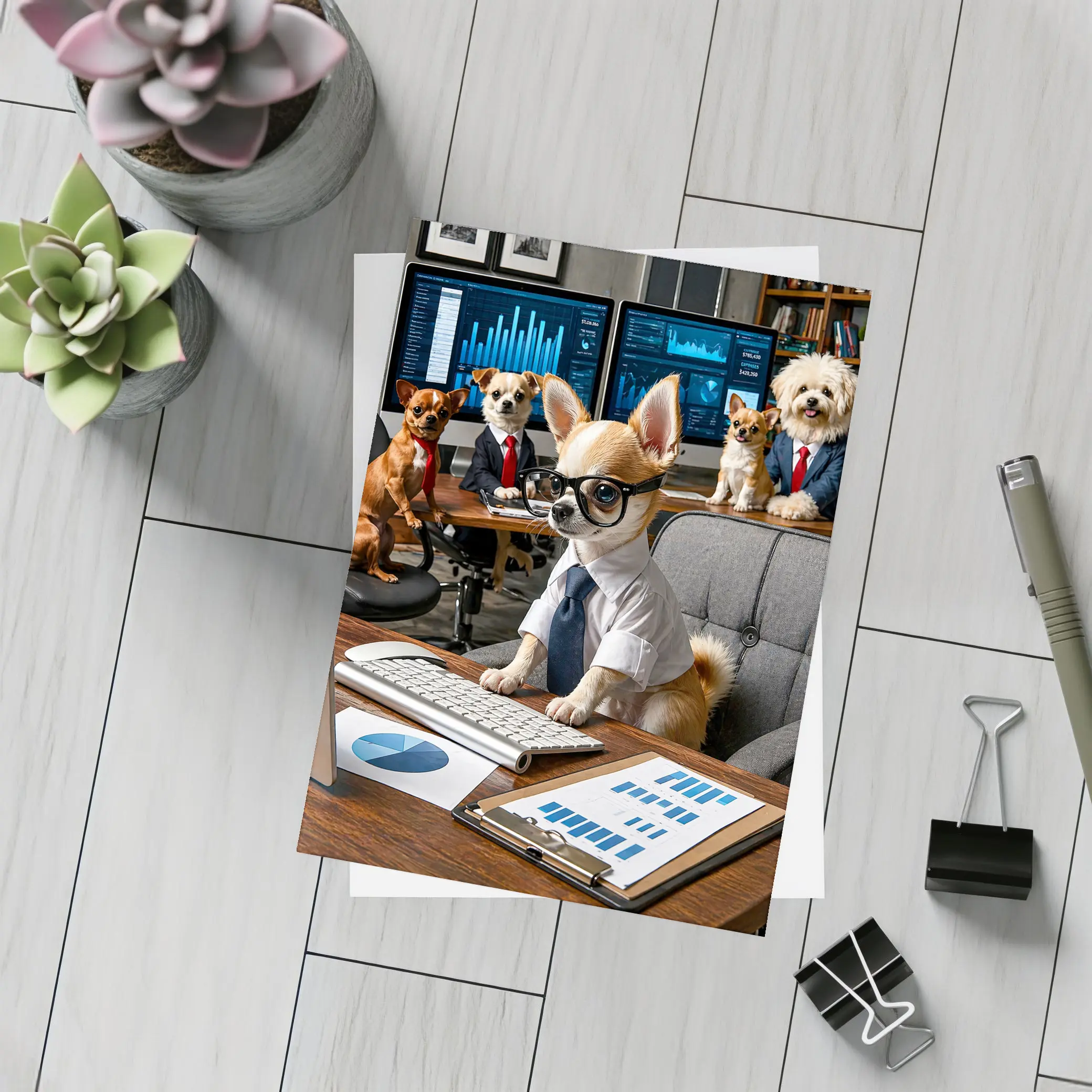 Chihuahua Boss Dogs Working Office Meeting – Postcards