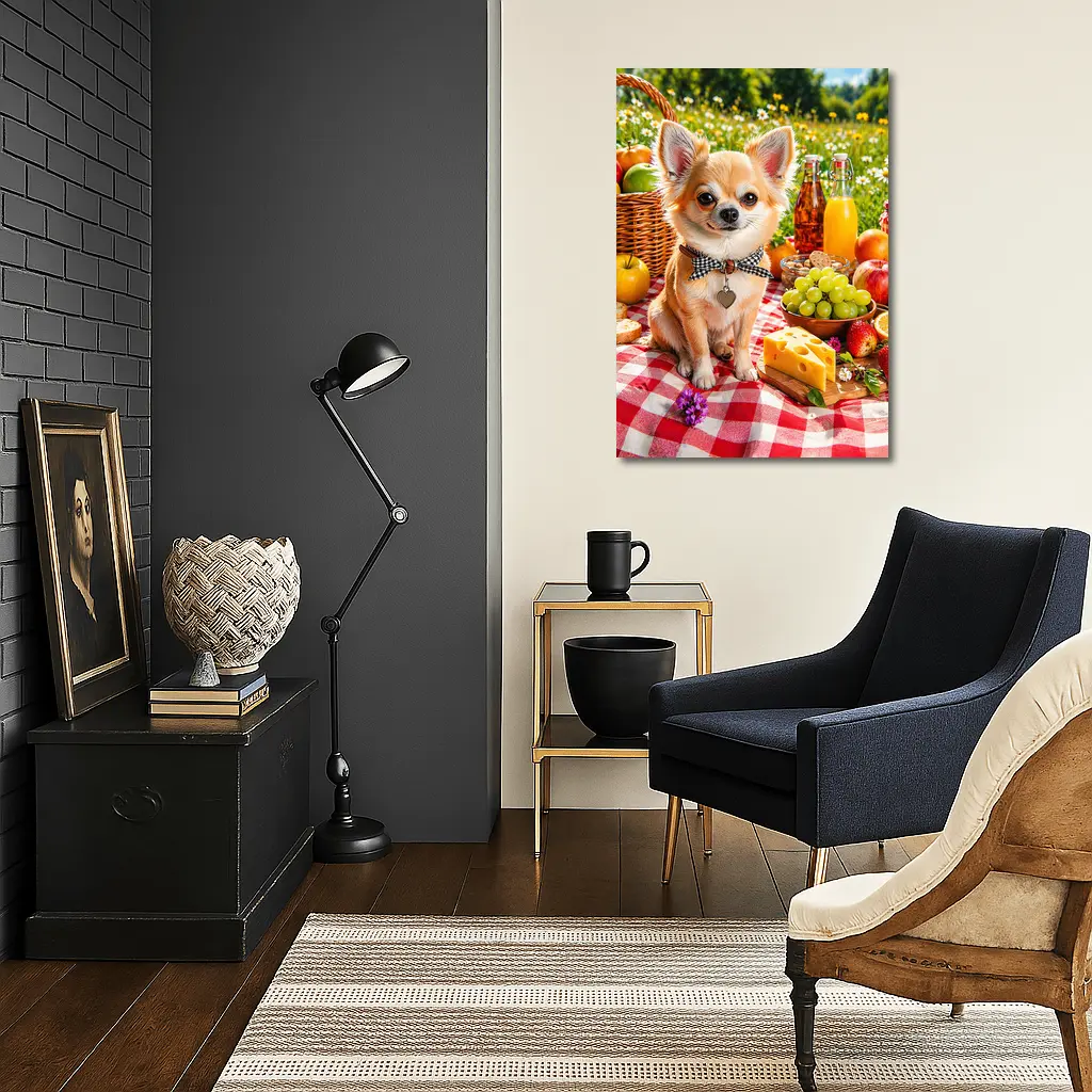 Chihuahua Sitting at Summer Picnic Spread – Wall Art