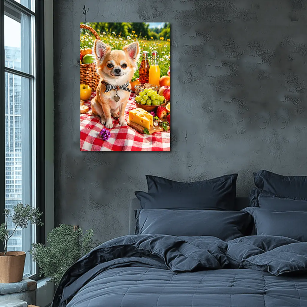 Chihuahua Sitting at Summer Picnic Spread – Wall Art