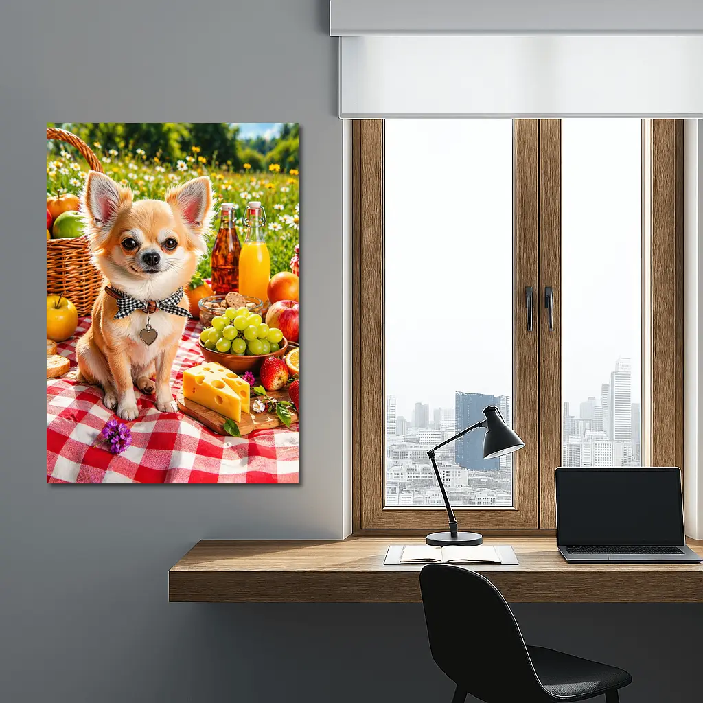 Chihuahua Sitting at Summer Picnic Spread – Wall Art