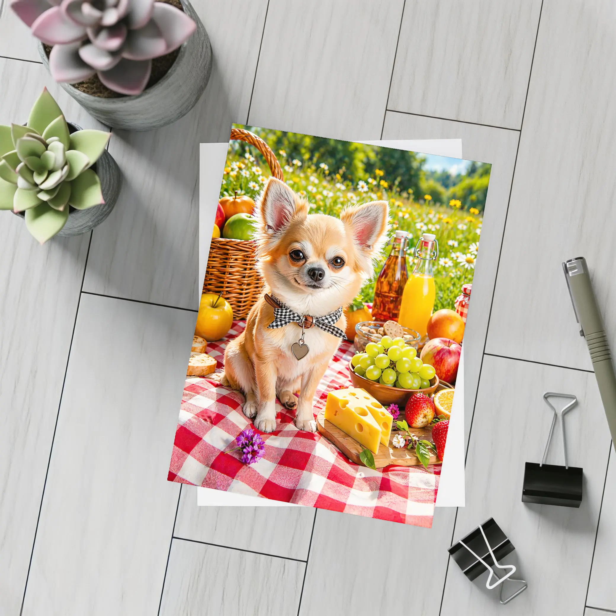 Chihuahua Sitting at Summer Picnic Spread – Postcards