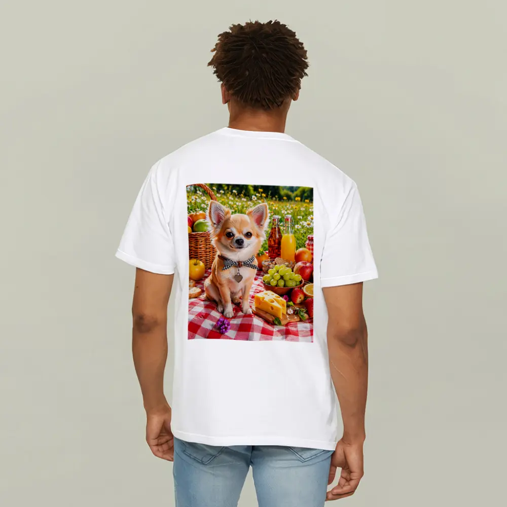 Chihuahua Sitting at Summer Picnic Spread – T-Shirts