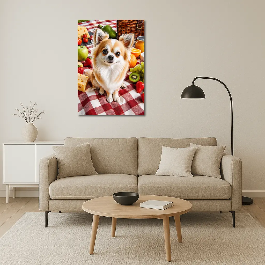 Chihuahua Sitting at Fruit Picnic Blanket – Wall Art
