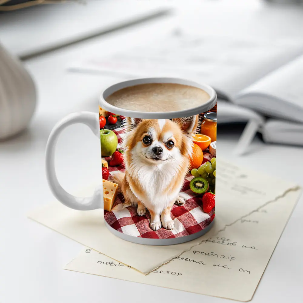 Chihuahua Sitting at Fruit Picnic Blanket – Mugs