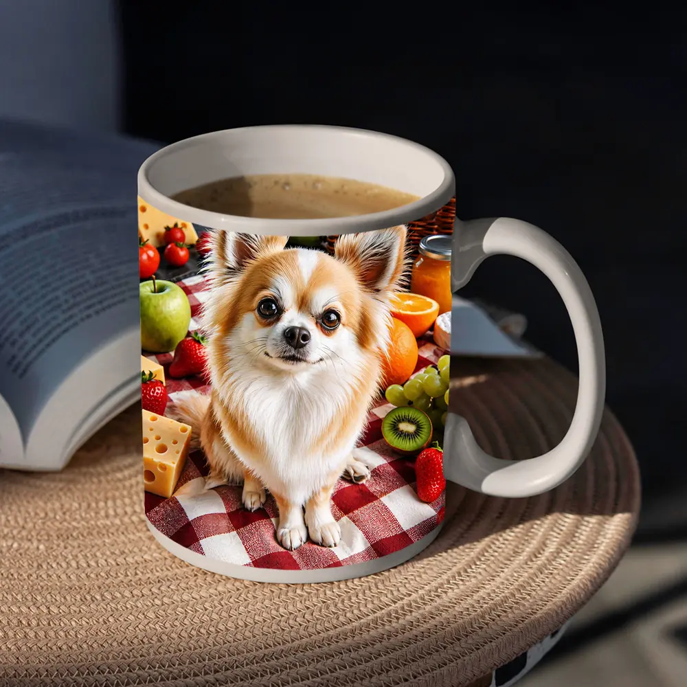 Chihuahua Sitting at Fruit Picnic Blanket – Mugs