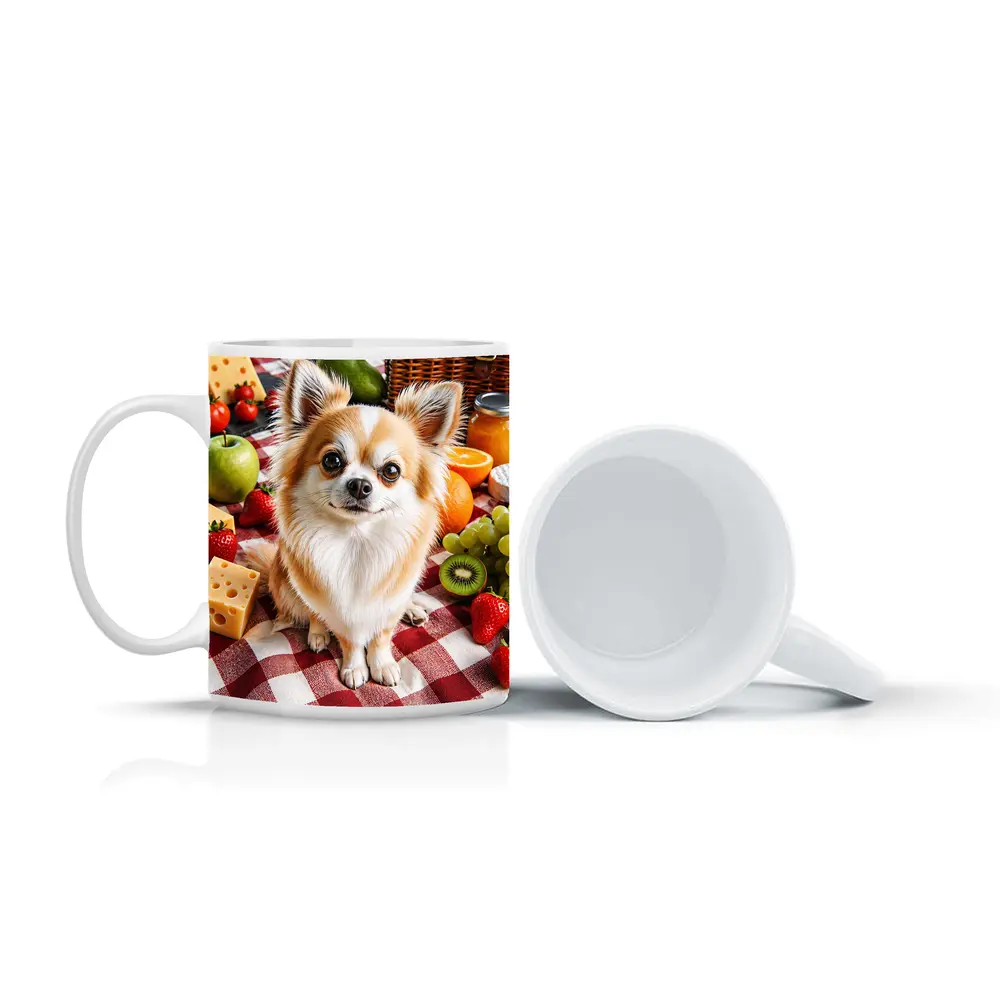 Chihuahua Sitting at Fruit Picnic Blanket – Mugs