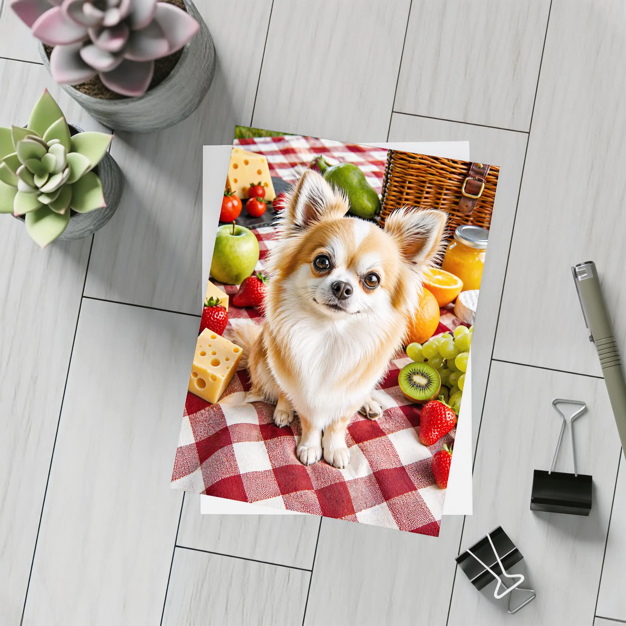 Chihuahua Sitting at Fruit Picnic Blanket – Postcards