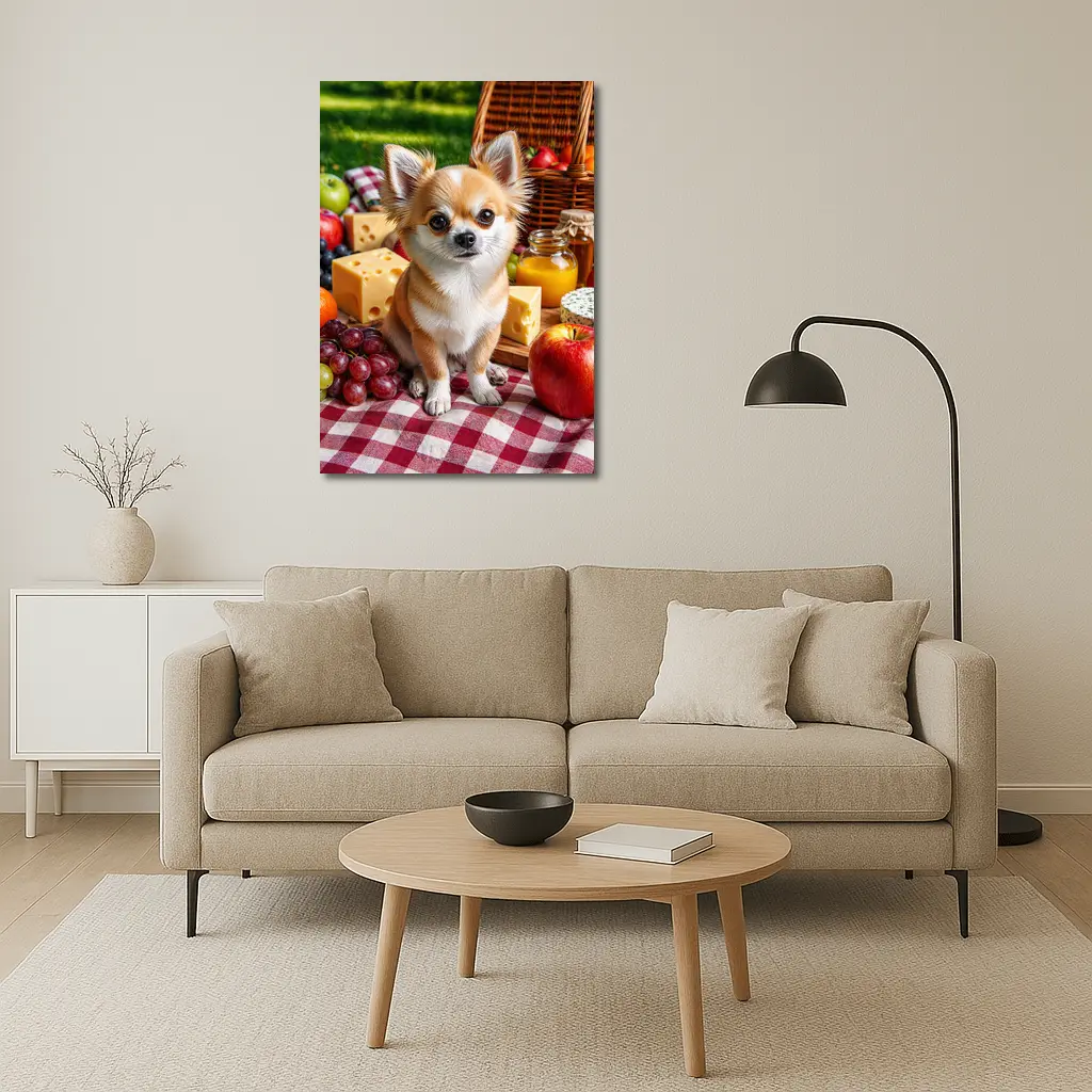 Chihuahua Sitting at Summer Picnic Spread – Wall Art