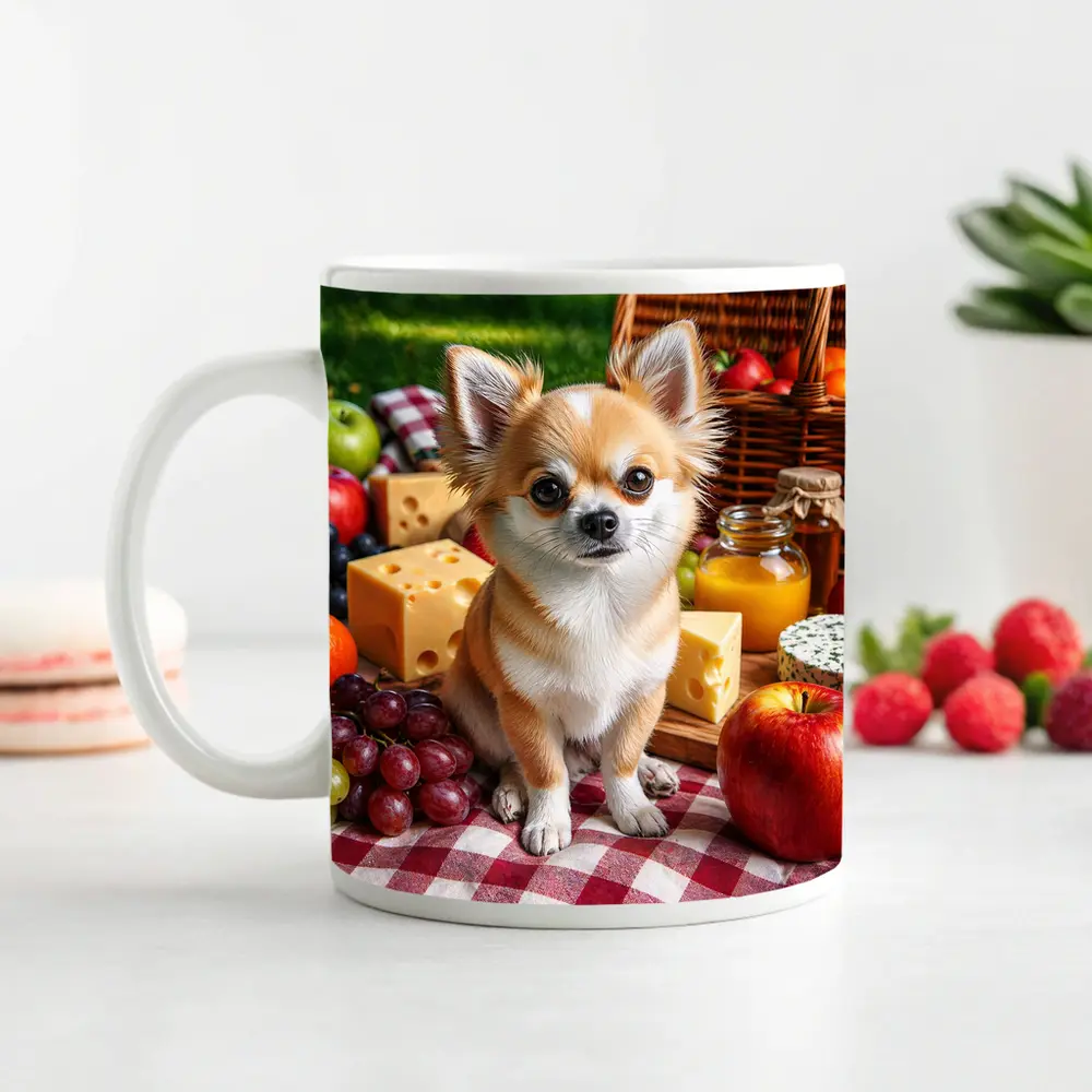Chihuahua Sitting at Summer Picnic Spread – Mugs