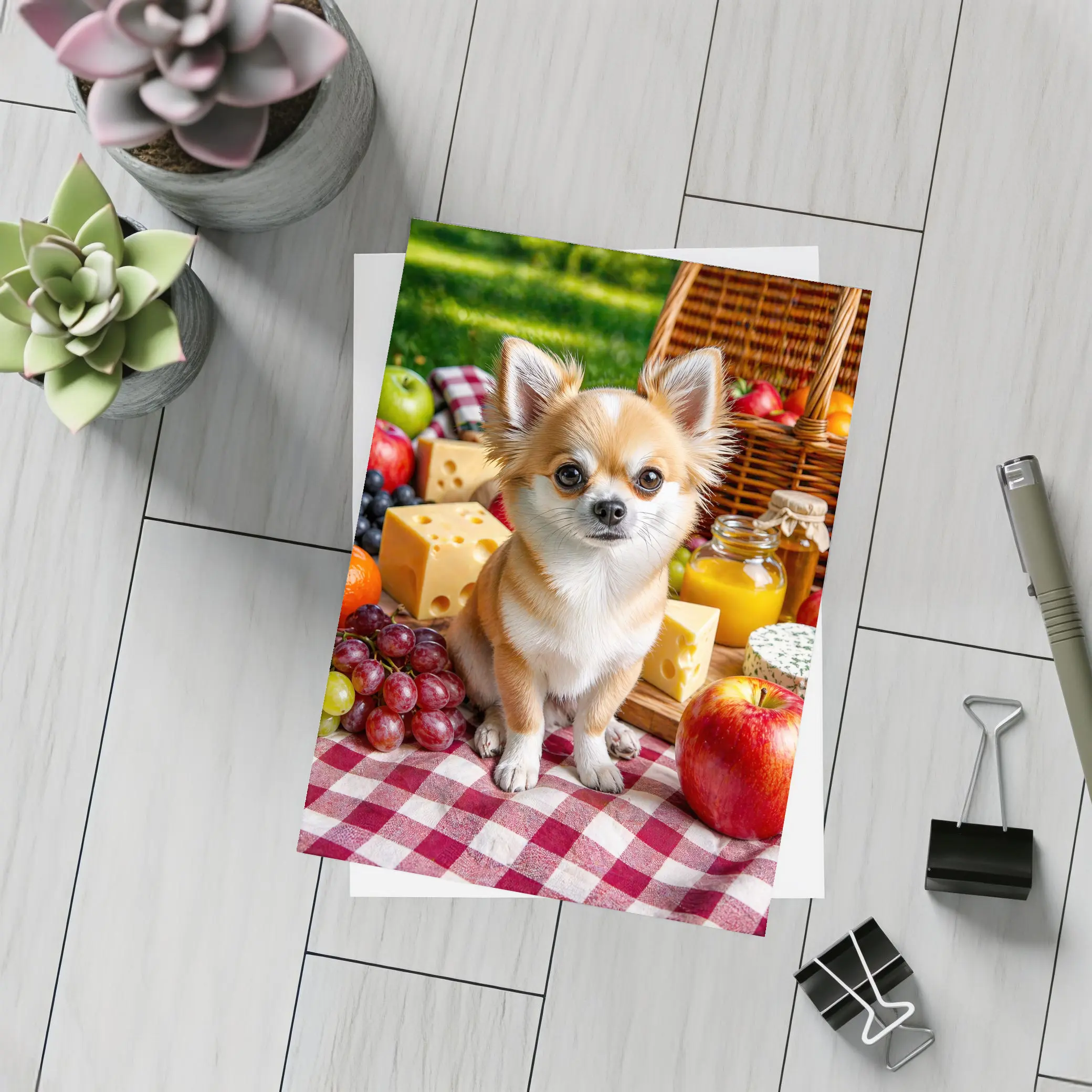 Chihuahua Sitting at Summer Picnic Spread – Postcards