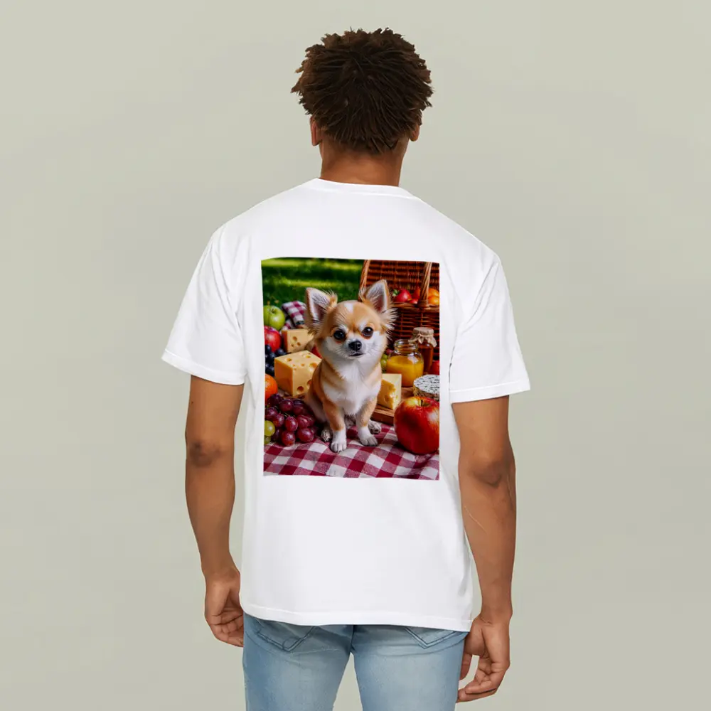 Chihuahua Sitting at Summer Picnic Spread – T-Shirts