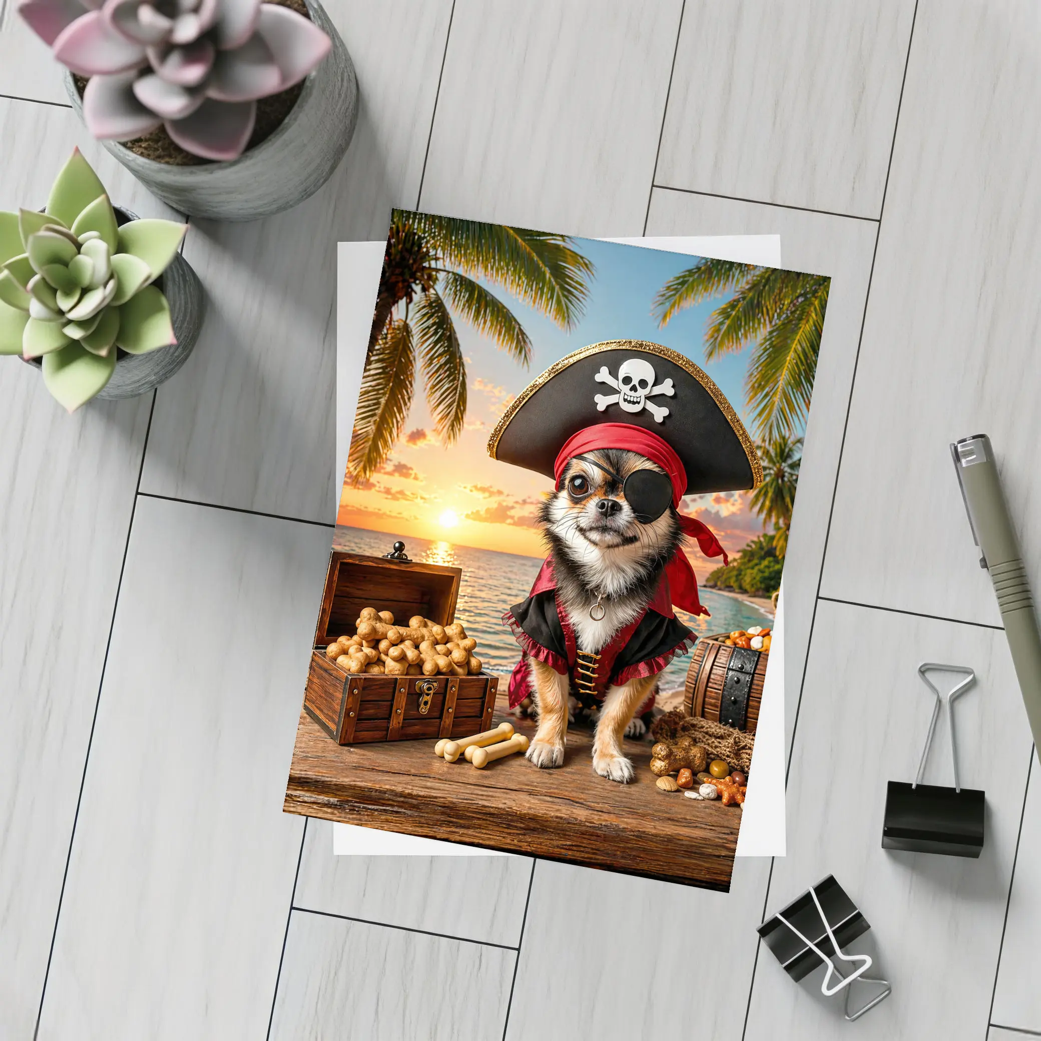 Chihuahua Pirate Dog Tropical Beach Sunset – Postcards