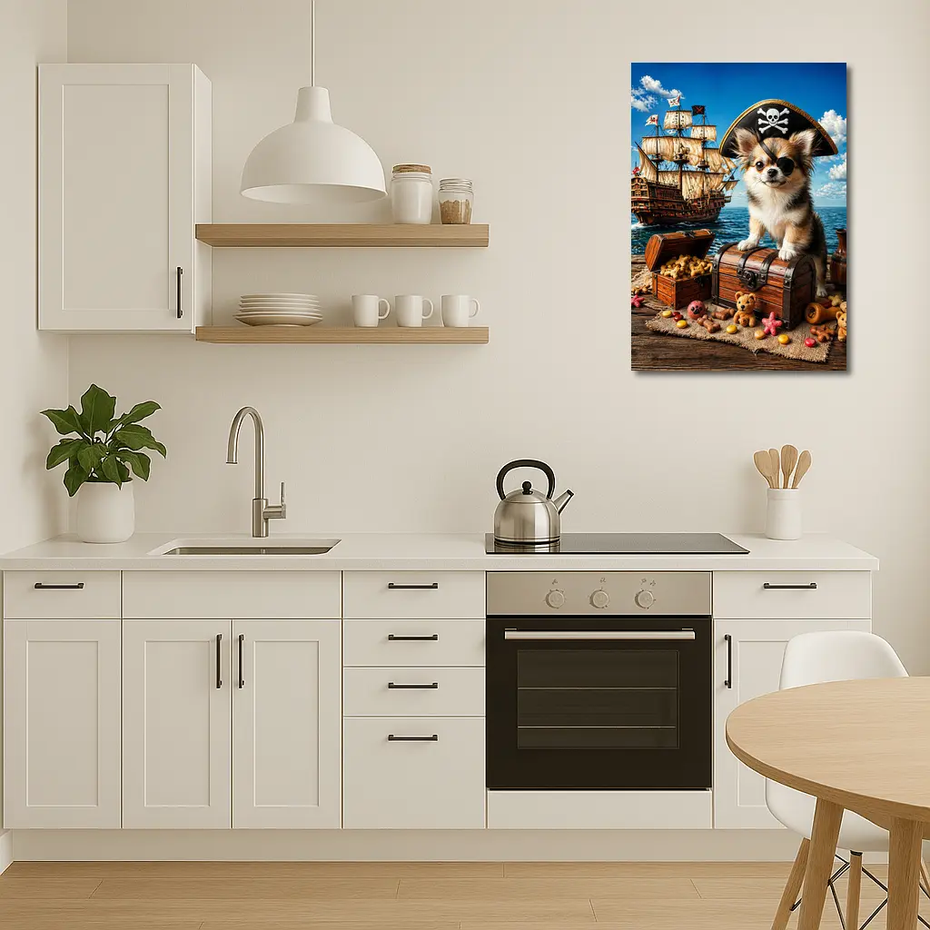 Chihuahua Pirate Sitting on Treasure Chest Ship – Wall Art