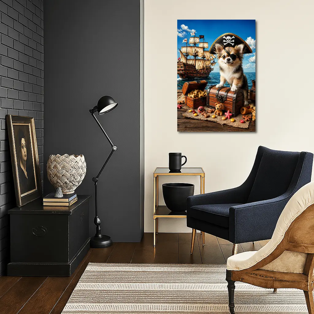 Chihuahua Pirate Sitting on Treasure Chest Ship – Wall Art