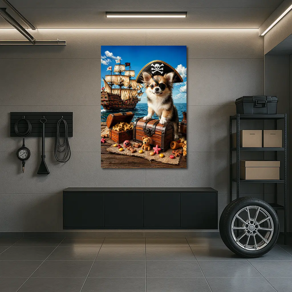 Chihuahua Pirate Sitting on Treasure Chest Ship – Wall Art