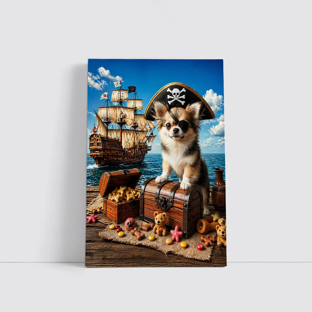 Chihuahua Pirate Sitting on Treasure Chest Ship – Wall Art